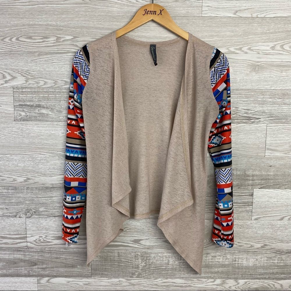 Gamiss boho Tan Geometric Sleeve Open Cardigan